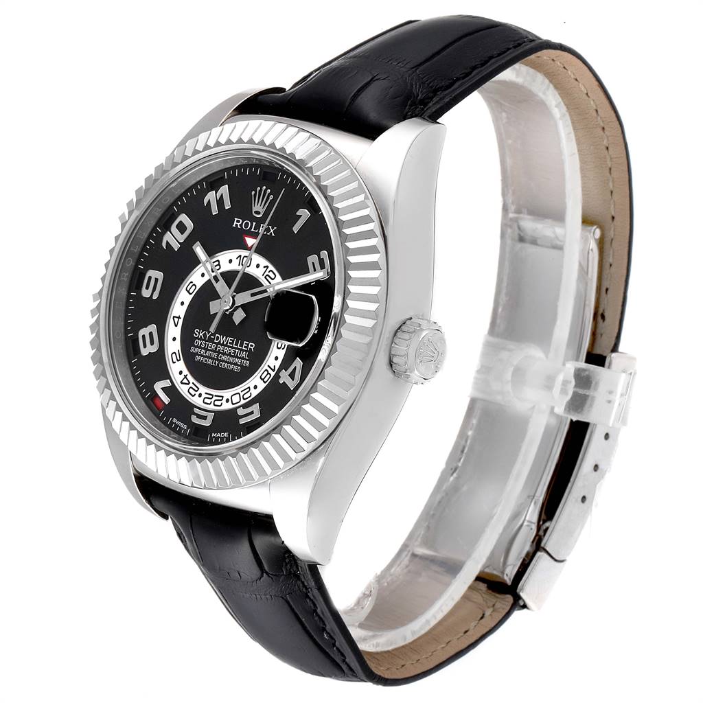The image shows a Rolex Sky-Dweller 326139 Men's White Gold Black Dial 326139 Men's White Gold Black Dial watch from a three-quarter side angle, highlighting its dial, bezel, crown, and black leather strap.