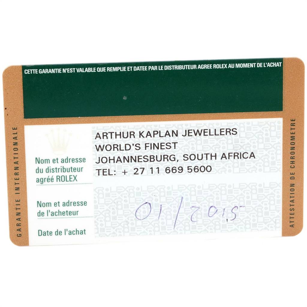 This image shows a warranty card for a Rolex Sky-Dweller 326139 Men's White Gold Black Dial 326139 Men's White Gold Black Dial, including retailer information and the date of purchase.