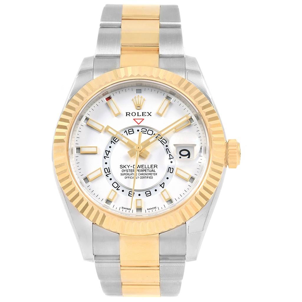 The image shows a front view of the Rolex Sky-Dweller 326933 Men's Steel and Gold (two tone) White Dial 326933 Men's Steel and Gold (two tone) White Dial watch, displaying its face, bracelet, and bezel.