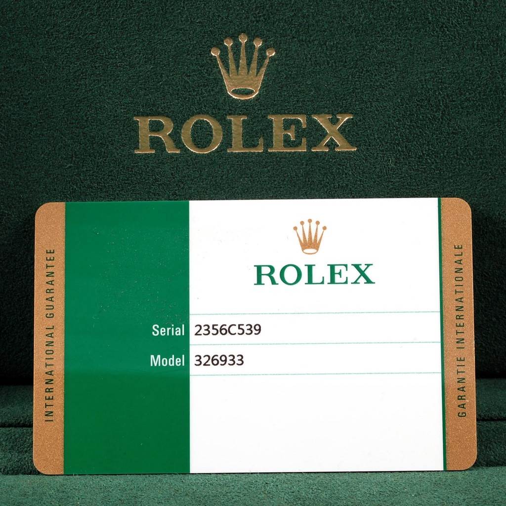 The image shows an international guarantee card for the Rolex Sky-Dweller 326933 Men's Steel and Gold (two tone) White Dial 326933 Men's Steel and Gold (two tone) White Dial watch, model 326933, with the serial number 2356C539.