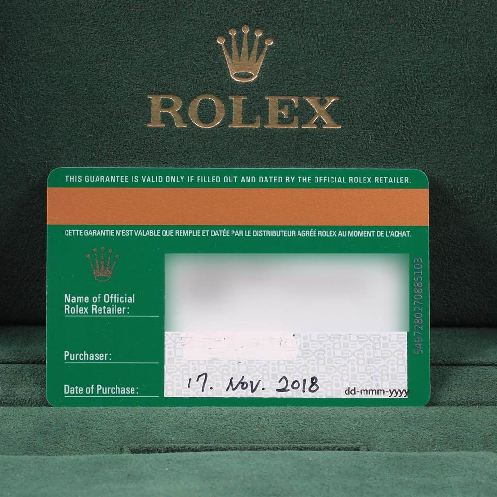 The image shows the warranty card for a Rolex Sky-Dweller 326933 Men's Steel and Gold (two tone) White Dial 326933 Men's Steel and Gold (two tone) White Dial, dated November 17, 2018, with the Rolex logo in the background.