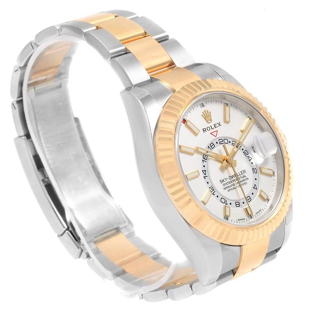 This image shows a Rolex Sky-Dweller 326933 Men's Steel and Gold (two tone) White Dial 326933 Men's Steel and Gold (two tone) White Dial watch from a front angle, highlighting the face, bezel, and part of the bracelet.