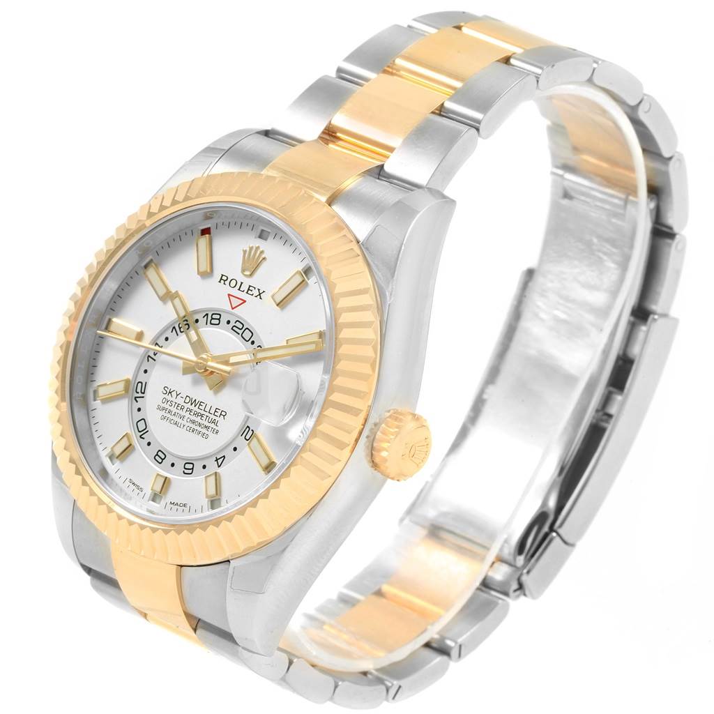 The image shows a Rolex Sky-Dweller 326933 Men's Steel and Gold (two tone) White Dial 326933 Men's Steel and Gold (two tone) White Dial watch angled slightly from the right, highlighting the dial, bezel, and bracelet.