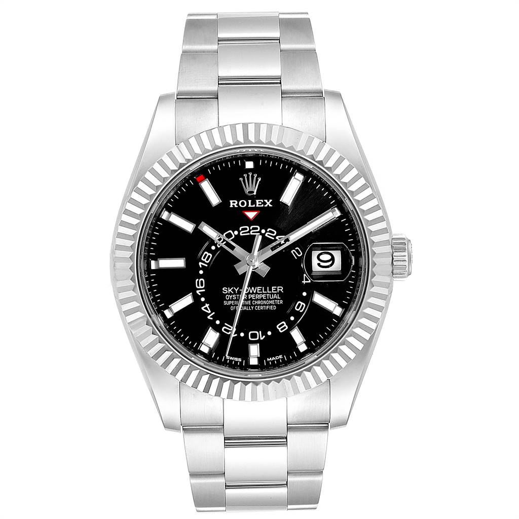 The Rolex Sky-Dweller 326934 Men's Stainless Steel Black Dial 326934 Men's Stainless Steel Black Dial watch is shown from a front angle, displaying the face, bezel, and bracelet.