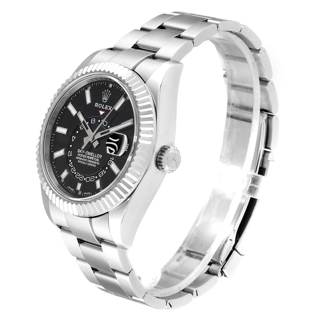The Rolex Sky-Dweller 326934 Men's Stainless Steel Black Dial 326934 Men's Stainless Steel Black Dial watch is shown at a three-quarter angle, displaying the dial, bezel, bracelet, and crown.