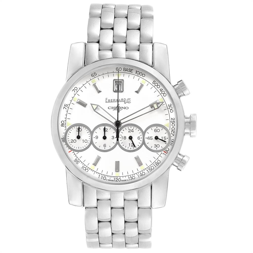 This image shows a front view of the Eberhard 31041 Men's Stainless Steel White Dial 31041 Men's Stainless Steel White Dial Chrono 4 Steel Chronograph Automatic Mens Watch 31041 model, showcasing the face and bracelet.