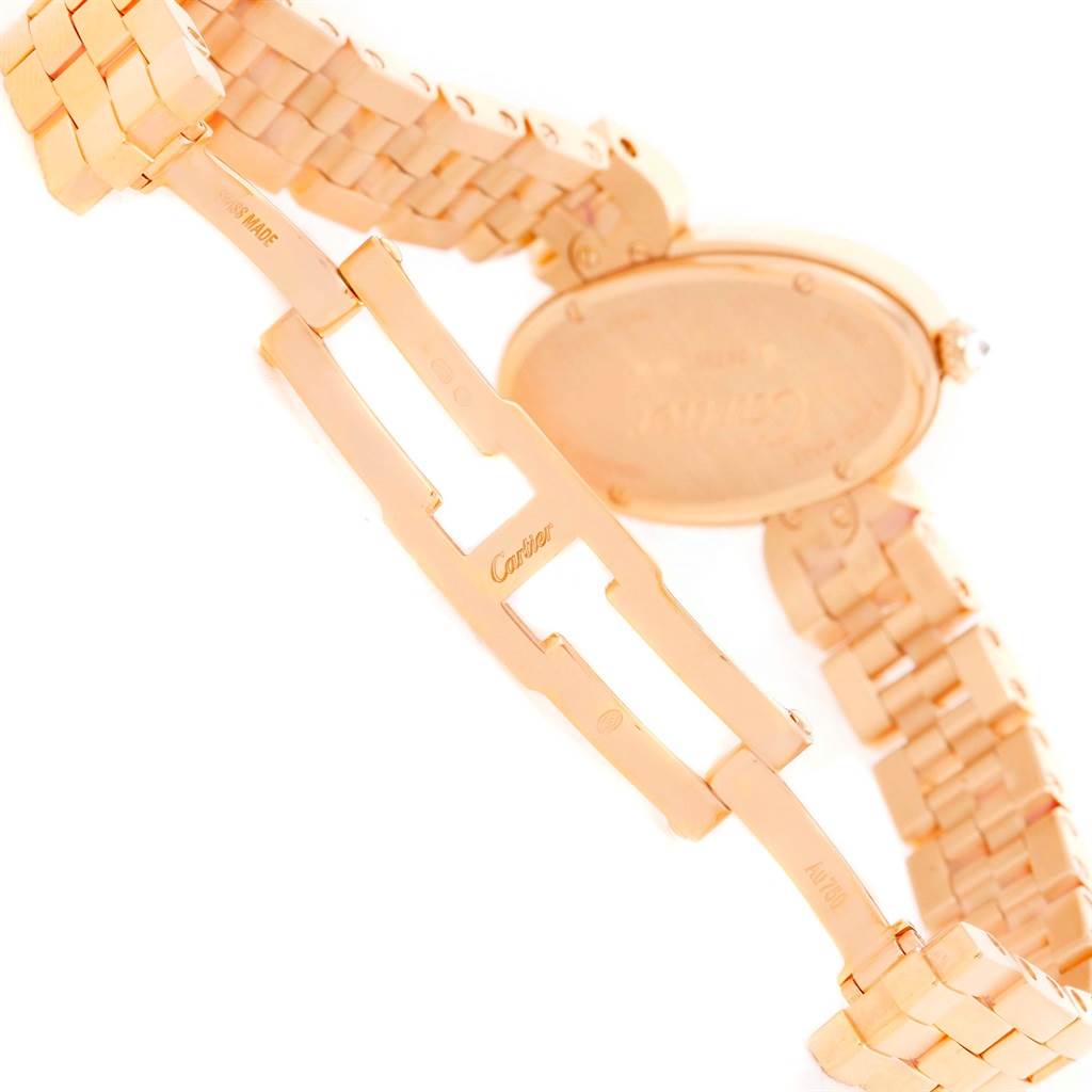 The image shows the clasp and the back of the case of a Cartier Delices WG800003 Women's Rose Gold Silver Dial WG800003 Women's Rose Gold Silver Dial watch from an angled view.