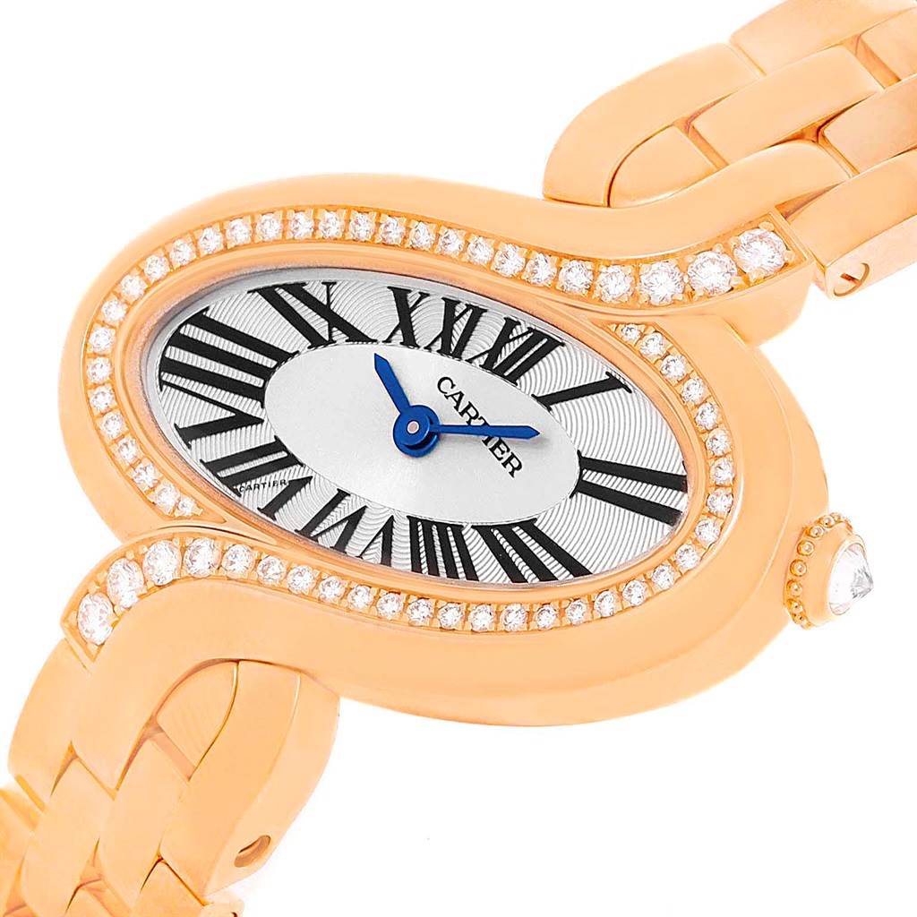 The image shows a close-up of the Cartier Delices WG800003 Women's Rose Gold Silver Dial WG800003 Women's Rose Gold Silver Dial watch face, bezel, and part of the bracelet.