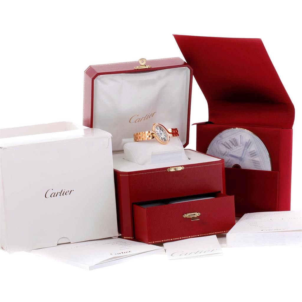 The image shows a Cartier Delices WG800003 Women's Rose Gold Silver Dial WG800003 Women's Rose Gold Silver Dial watch with its packaging, including boxes, documentation, and a DVD from a front angle.
