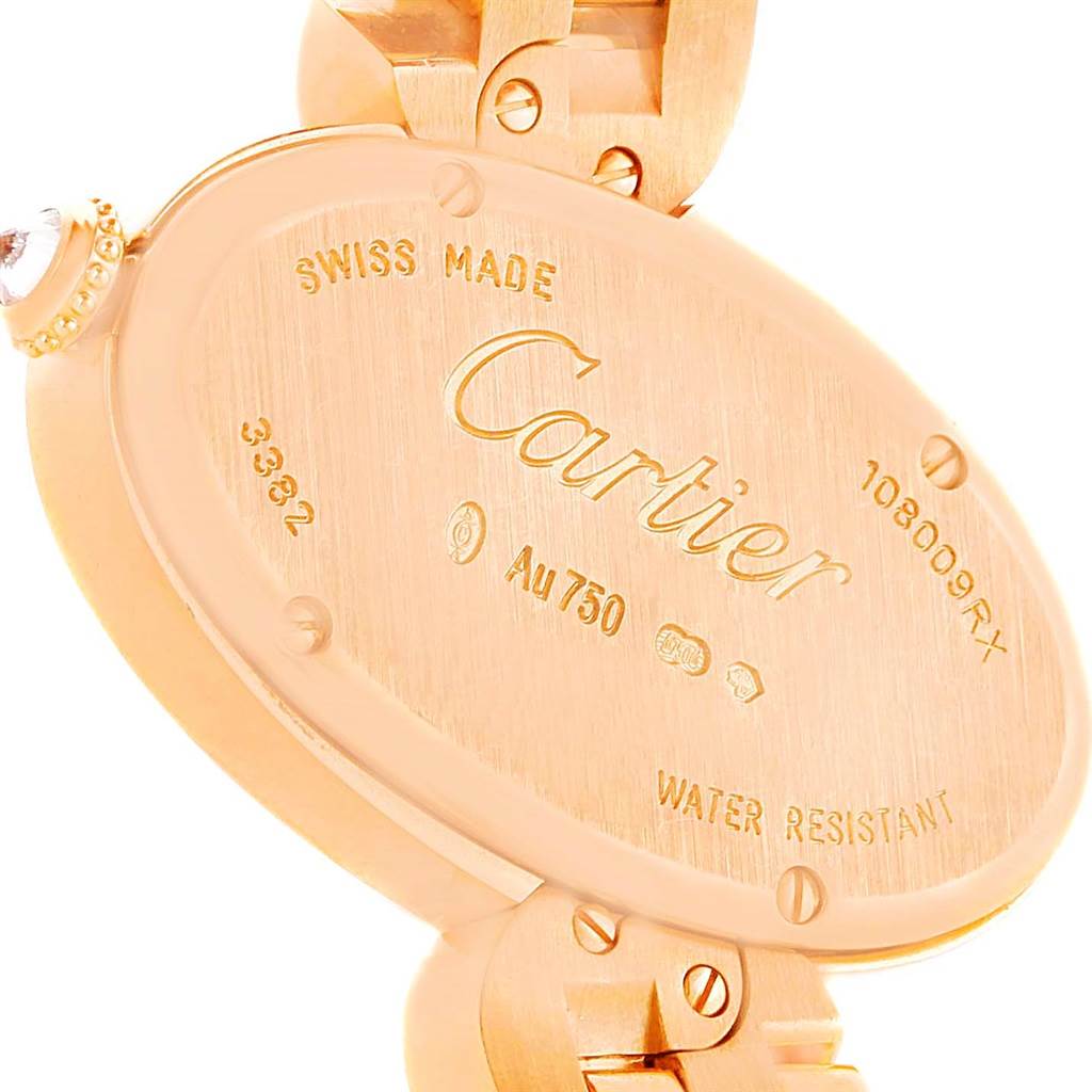 The image shows the back of the Delices watch by Cartier, highlighting the details and engravings on the case and part of the band connection.