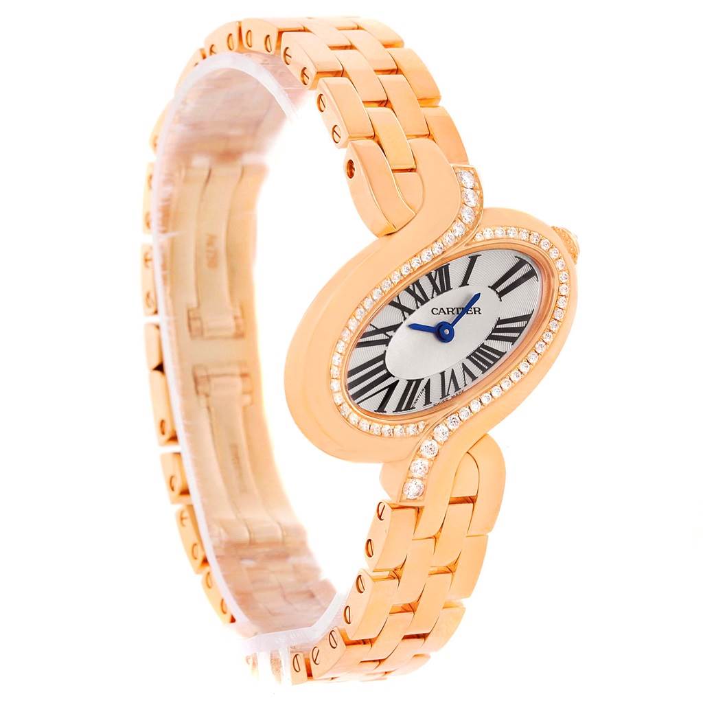 The image shows a rose gold Cartier Delices WG800003 Women's Rose Gold Silver Dial WG800003 Women's Rose Gold Silver Dial watch from a side angle, highlighting its face, dial, and bracelet.