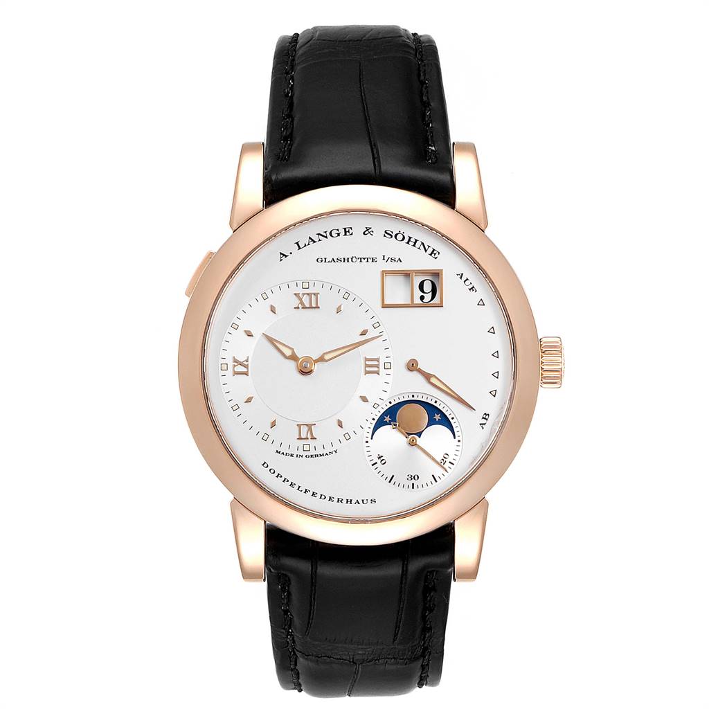 This image shows a front view of the A. Lange 
Sohne 109.032 Men
s Rose Gold Silver Dial Rose Gold Moonphase 38.5mm Men
s Watch 109.032, featuring the dial and leather strap.