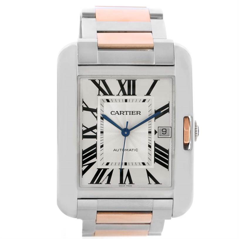 The image shows a frontal view of the Cartier Tank Anglaise W5310006 Men
s Steel and Gold (two tone) Silver Dial W5310006 Men
s Steel and Gold (two tone) Silver Dial watch, featuring the watch face and part of the bracelet.