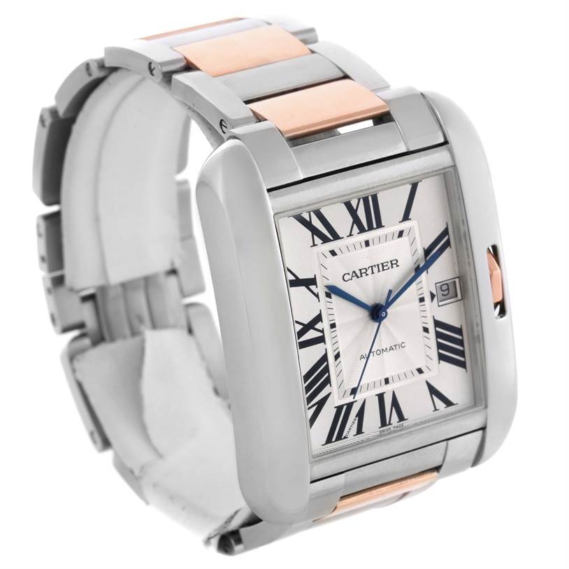 The image displays a Cartier Tank Anglaise W5310006 Men
s Steel and Gold (two tone) Silver Dial W5310006 Men
s Steel and Gold (two tone) Silver Dial watch at a three-quarter angle, highlighting the face and part of the bracelet.