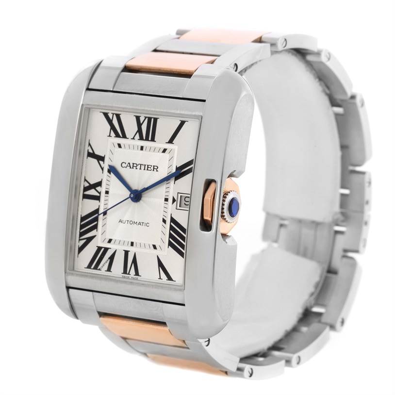 This is a side-view angle of the Cartier Tank Anglaise W5310006 Men
s Steel and Gold (two tone) Silver Dial W5310006 Men
s Steel and Gold (two tone) Silver Dial watch, showing its face, crown, and part of the bracelet.