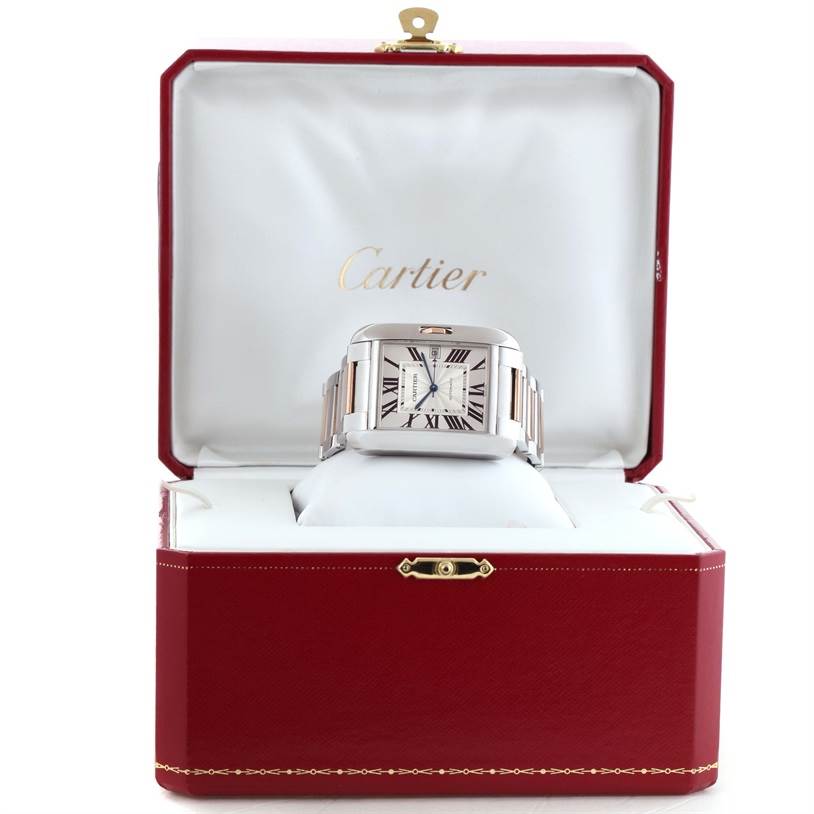 The Cartier Tank Anglaise W5310006 Men
s Steel and Gold (two tone) Silver Dial W5310006 Men
s Steel and Gold (two tone) Silver Dial watch is displayed front-facing within an open red box.