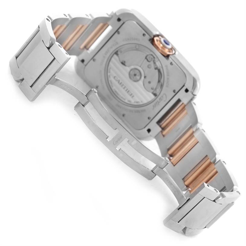 The image shows the back view of a Cartier Tank Anglaise W5310006 Men
s Steel and Gold (two tone) Silver Dial W5310006 Men
s Steel and Gold (two tone) Silver Dial watch, highlighting its bracelet and deployment clasp.