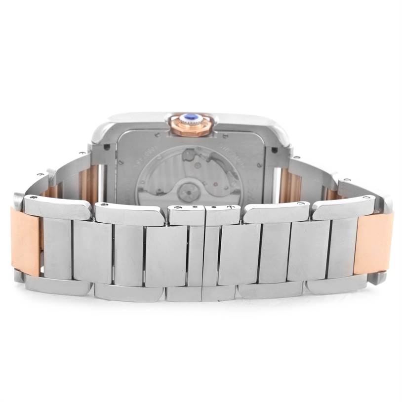 The image shows the back view of the Cartier Tank Anglaise W5310006 Men
s Steel and Gold (two tone) Silver Dial W5310006 Men
s Steel and Gold (two tone) Silver Dial watch, focusing on the case back, crown, and bracelet.
