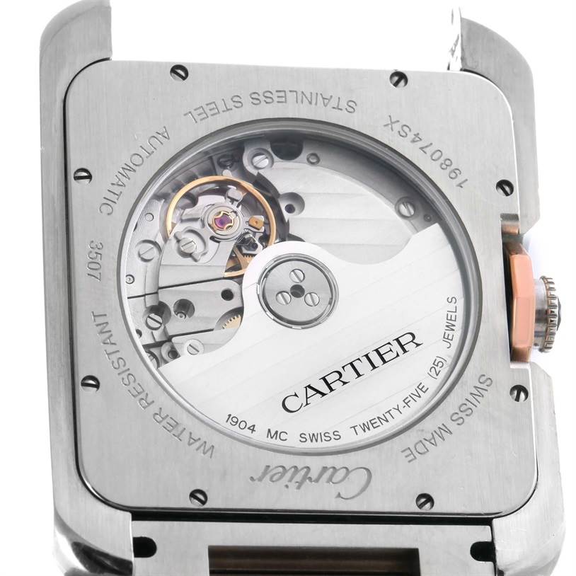 This image shows the back of the Cartier Tank Anglaise W5310006 Men
s Steel and Gold (two tone) Silver Dial W5310006 Men
s Steel and Gold (two tone) Silver Dial watch, highlighting its automatic movement and internal mechanisms.