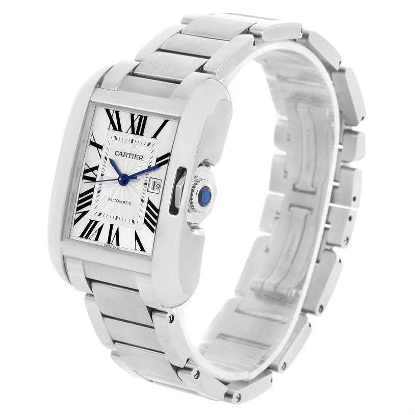 The image shows a Cartier Tank Anglaise W5310009 Men's Stainless Steel Silver Dial W5310009 Men's Stainless Steel Silver Dial watch from an angled front view, highlighting the face, bracelet, and crown.