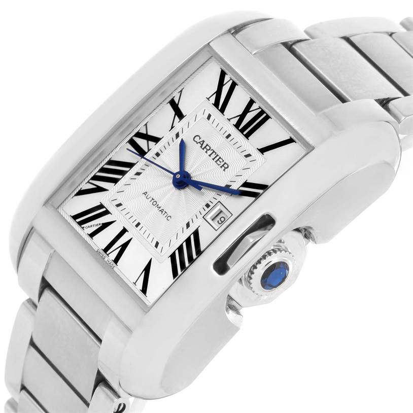 This image shows a close-up angle of the dial, crown, and part of the bracelet of the Cartier Tank Anglaise W5310009 Men's Stainless Steel Silver Dial W5310009 Men's Stainless Steel Silver Dial watch.