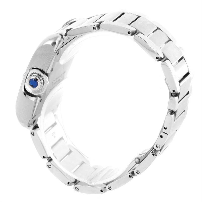 The image shows a side view of the Cartier Tank Anglaise W5310009 Men's Stainless Steel Silver Dial W5310009 Men's Stainless Steel Silver Dial watch, highlighting the crown, case, and metal bracelet.