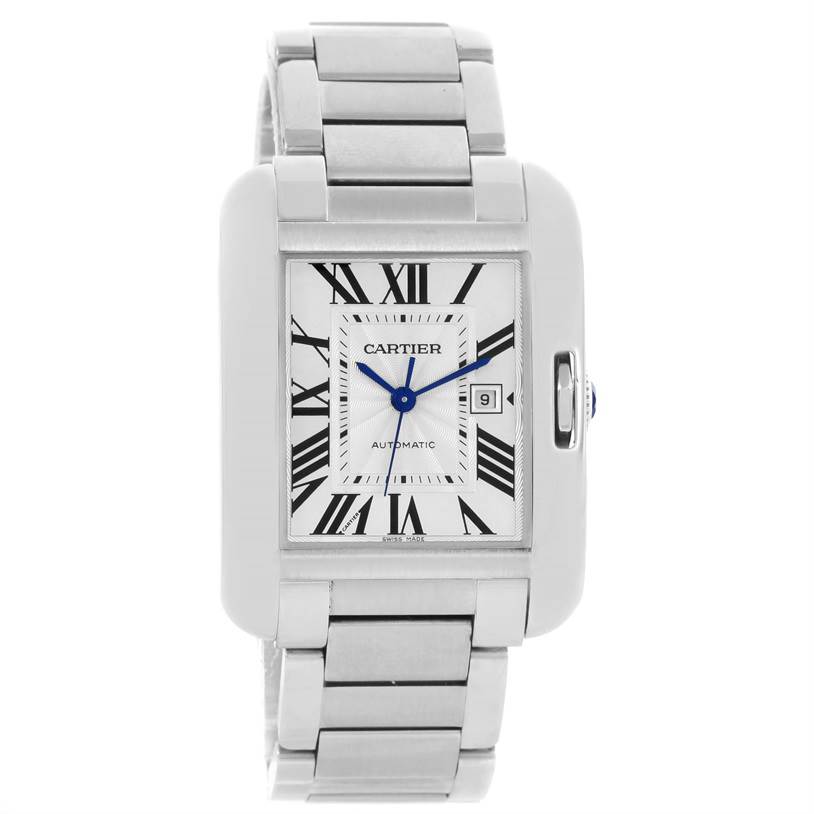 The image shows a front view of the Cartier Tank Anglaise W5310009 Men's Stainless Steel Silver Dial W5310009 Men's Stainless Steel Silver Dial watch, displaying its dial, case, and bracelet.