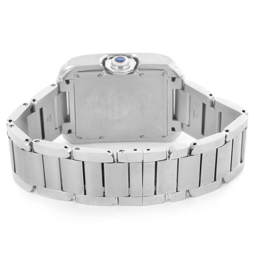 This image shows the back view of a Cartier Tank Anglaise W5310009 Men's Stainless Steel Silver Dial W5310009 Men's Stainless Steel Silver Dial watch, highlighting the stainless steel bracelet and case back.