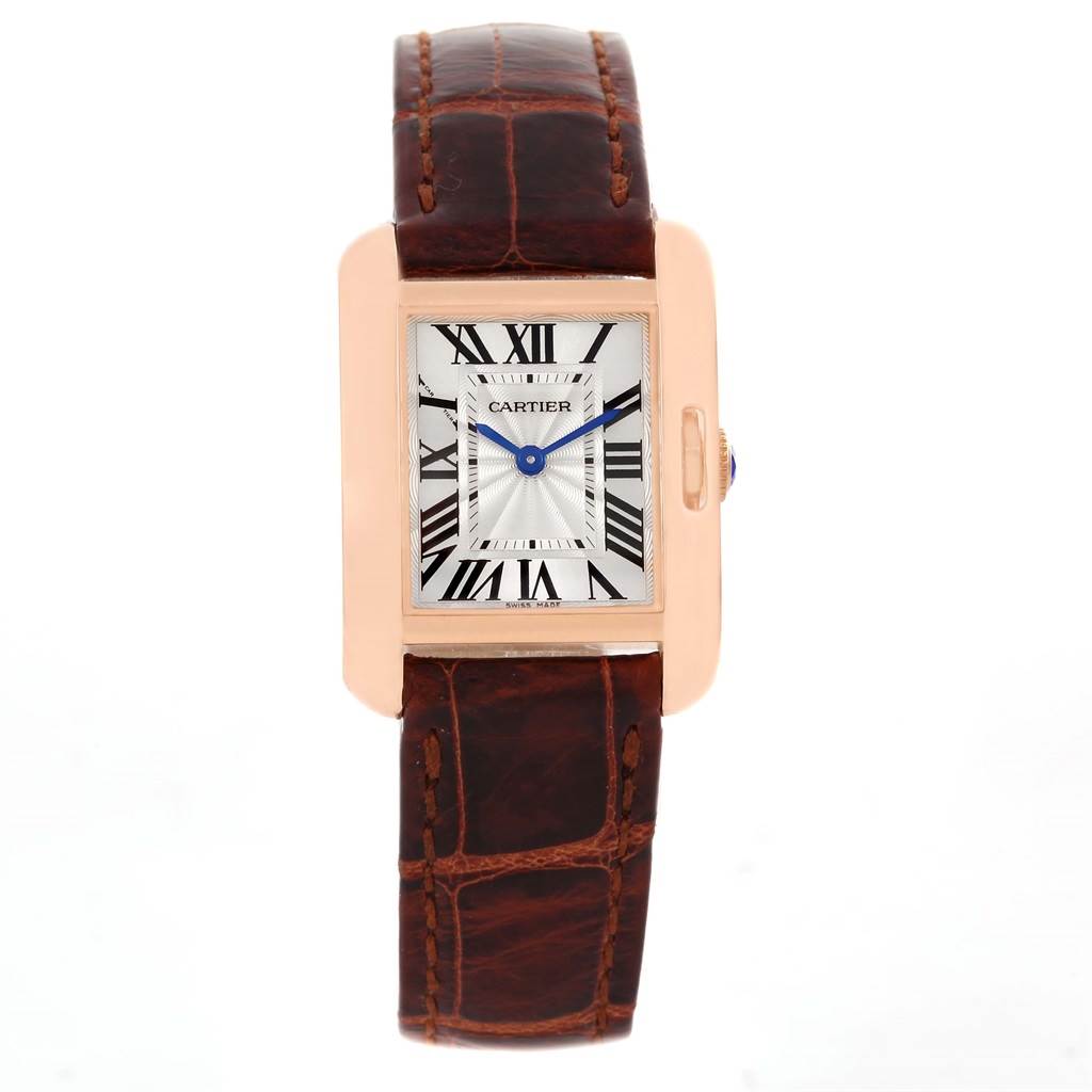 This image shows a Cartier Tank Anglaise WT100024 Women
s Rose Gold Silver Dial WT100024 Women
s Rose Gold Silver Dial watch with a brown leather strap, viewed from the front.