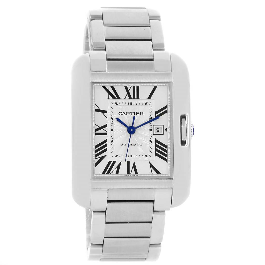 The image shows a Cartier Tank Anglaise W5310009 Men's Stainless Steel Silver Dial W5310009 Men's Stainless Steel Silver Dial watch from a front angle, highlighting its rectangular face, bracelet, and Roman numerals.