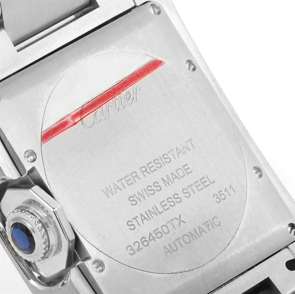 This image shows the back case and crown of a Cartier Tank Anglaise W5310009 Men's Stainless Steel Silver Dial W5310009 Men's Stainless Steel Silver Dial watch, highlighting the engraved details.