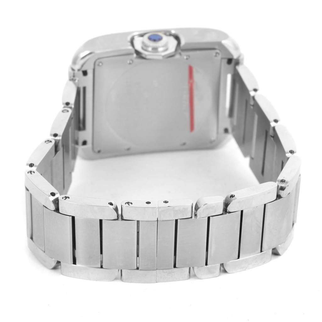 The image shows the back view of a Cartier Tank Anglaise W5310009 Men's Stainless Steel Silver Dial W5310009 Men's Stainless Steel Silver Dial watch, detailing its case back and metal bracelet.