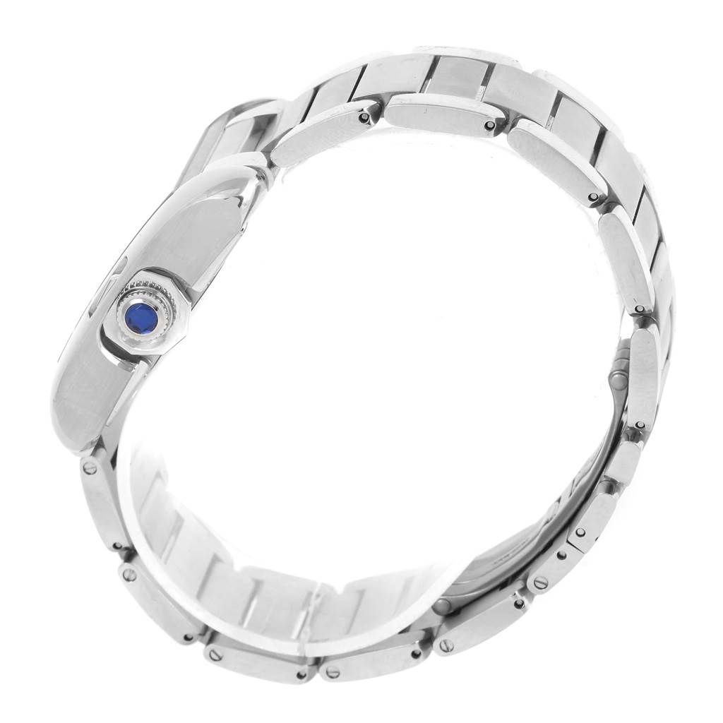 The image shows the side view of a Cartier Tank Anglaise W5310009 Men's Stainless Steel Silver Dial W5310009 Men's Stainless Steel Silver Dial watch, emphasizing its crown and metal bracelet.