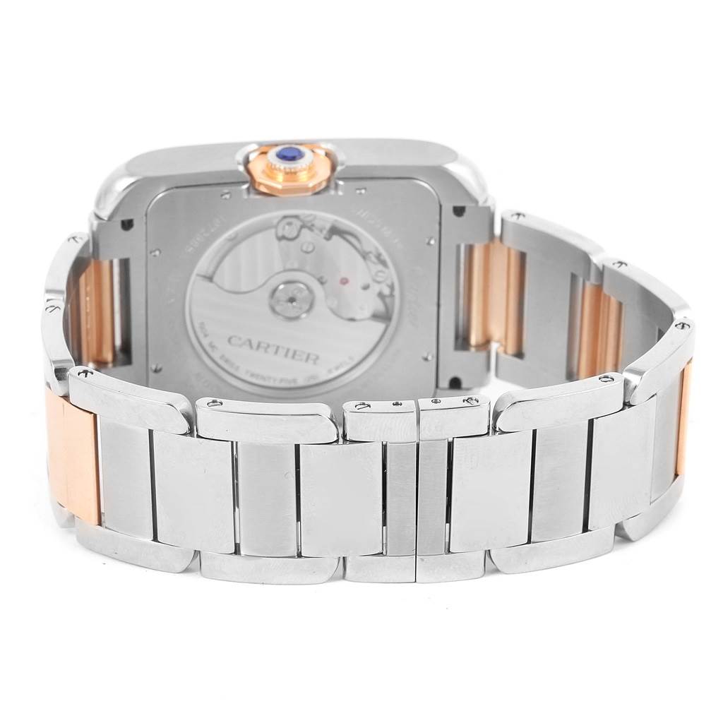 This image shows the back view of the Cartier Tank Anglaise W5310006 Men's Steel and Gold (two tone) Silver Dial W5310006 Men's Steel and Gold (two tone) Silver Dial watch, highlighting its bracelet and the mechanical movement.