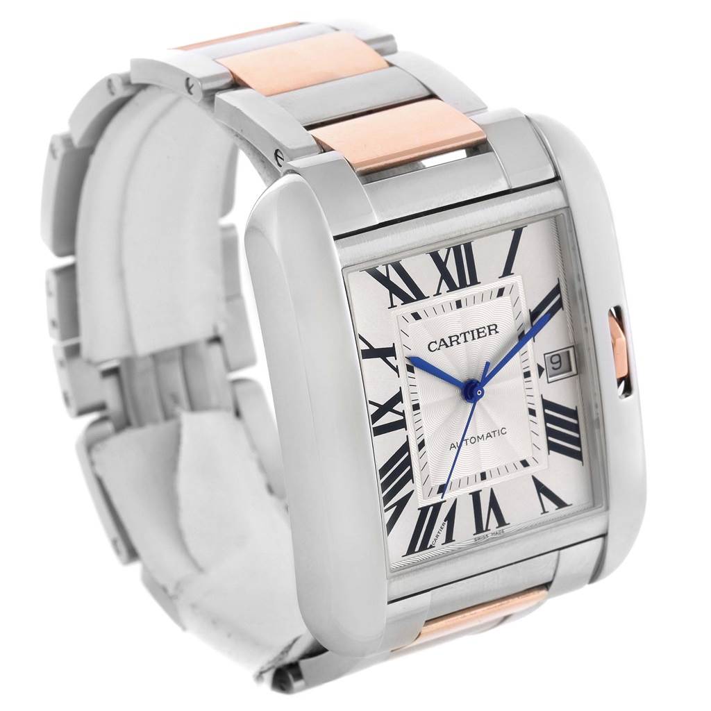 The image shows a close-up angle of the Cartier Tank Anglaise W5310006 Men's Steel and Gold (two tone) Silver Dial W5310006 Men's Steel and Gold (two tone) Silver Dial watch, including the case, dial, and part of the bracelet.