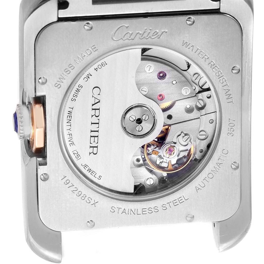 The image shows the back view of a Cartier Tank Anglaise W5310006 Men's Steel and Gold (two tone) Silver Dial W5310006 Men's Steel and Gold (two tone) Silver Dial watch, highlighting the automatic movement and internal mechanics.