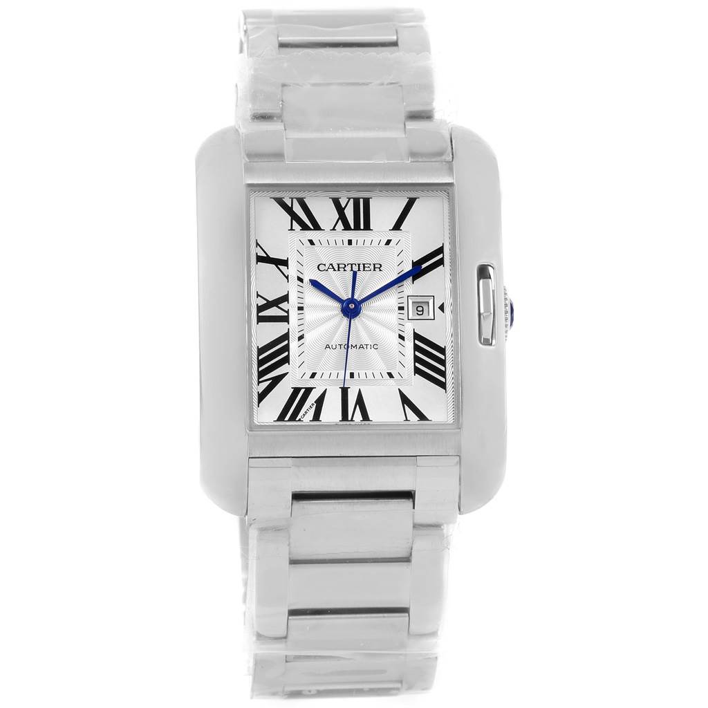 The image shows a front view of the Cartier Tank Anglaise W5310009 Men's Stainless Steel Silver Dial W5310009 Men's Stainless Steel Silver Dial watch, highlighting the dial, hands, bracelet, and crown.