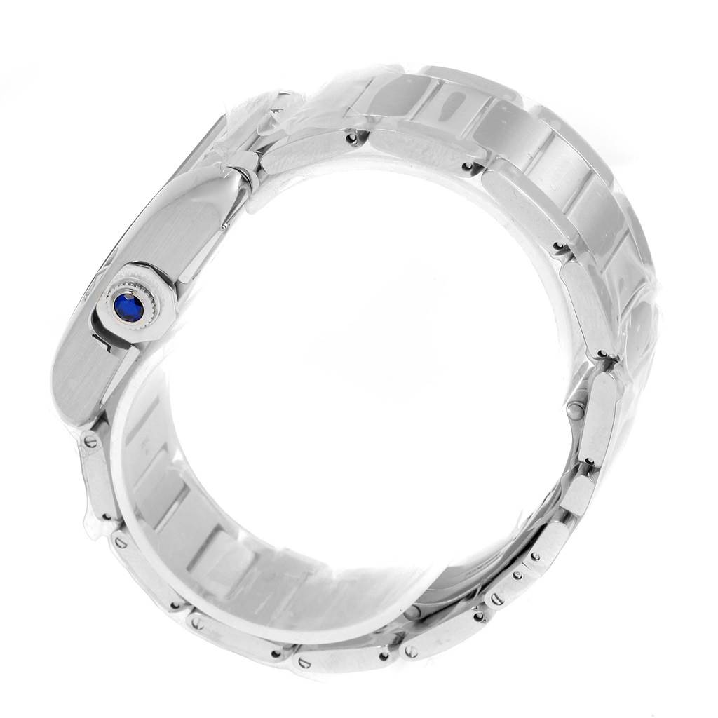 The image shows the side view of the Cartier Tank Anglaise W5310009 Men's Stainless Steel Silver Dial W5310009 Men's Stainless Steel Silver Dial, highlighting the bracelet and crown with a blue gemstone.