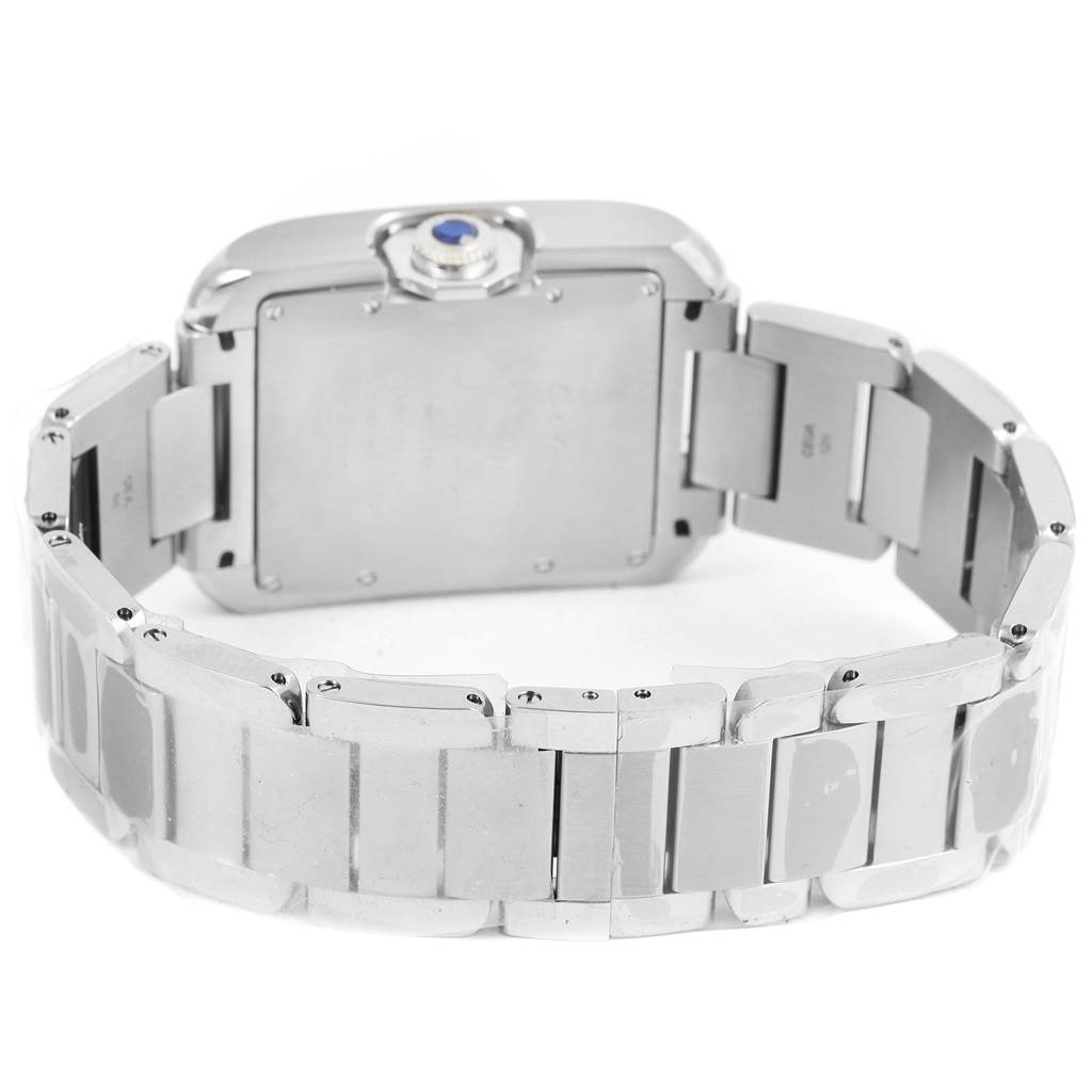 The image shows the back and side view of the Cartier Tank Anglaise W5310009 Men's Stainless Steel Silver Dial W5310009 Men's Stainless Steel Silver Dial watch, highlighting the metal bracelet and the watch's case back.