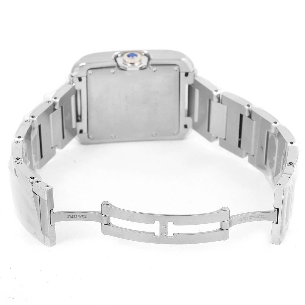 The image shows the backside and partially opened metal bracelet of a Cartier Tank Anglaise W5310009 Men's Stainless Steel Silver Dial W5310009 Men's Stainless Steel Silver Dial watch.
