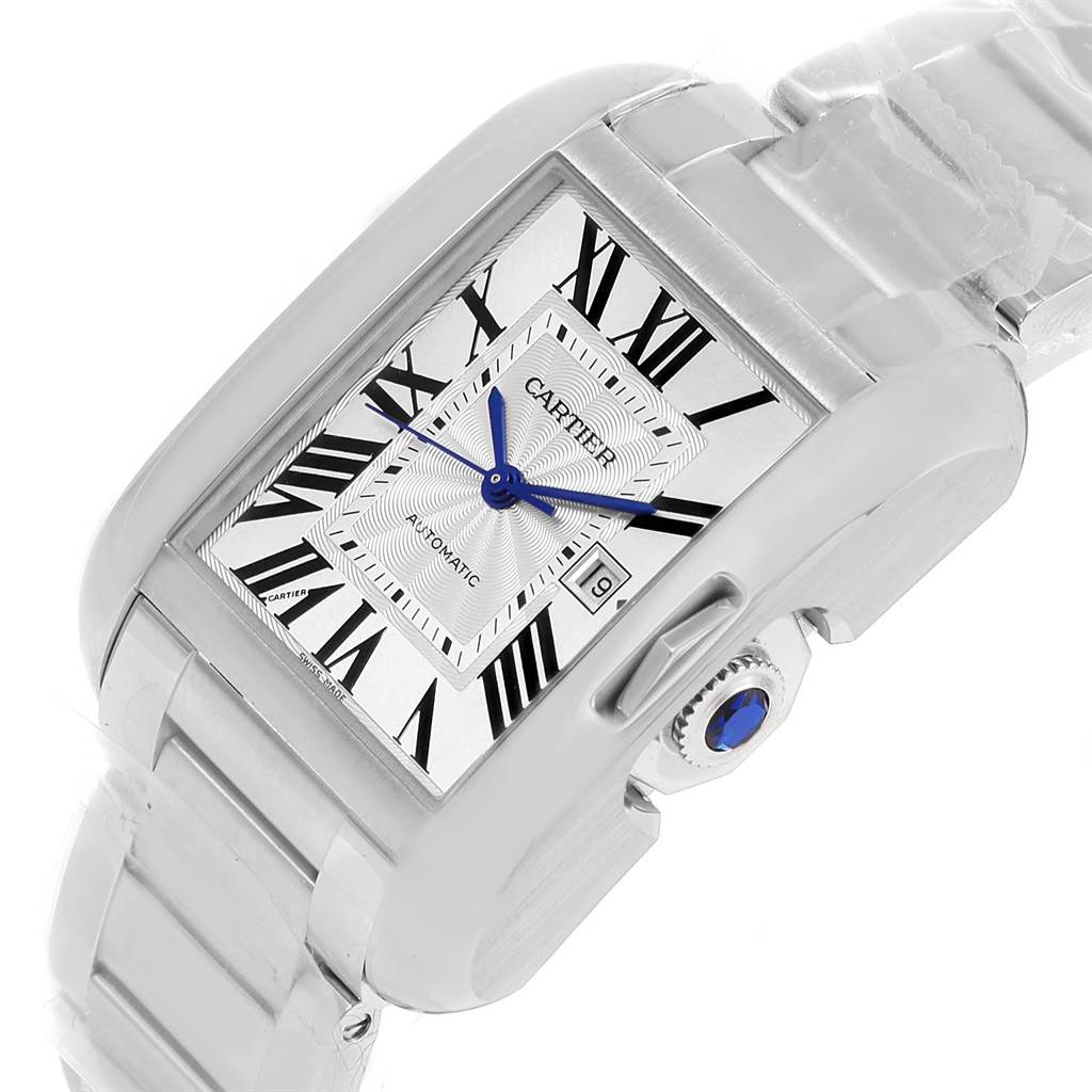 This image shows a close-up of the dial, bezel, crown, and part of the bracelet of the Cartier Tank Anglaise W5310009 Men's Stainless Steel Silver Dial W5310009 Men's Stainless Steel Silver Dial watch.