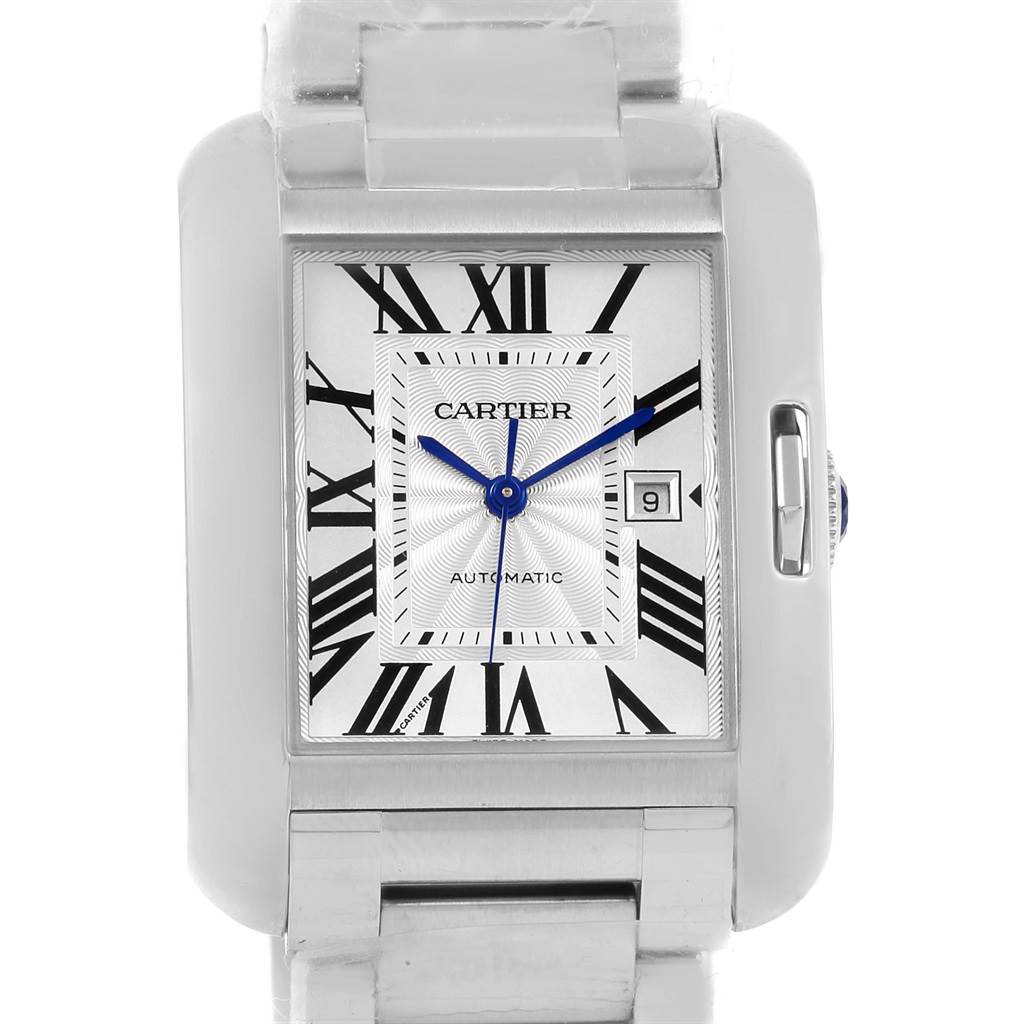The image shows a front view of a Cartier Tank Anglaise W5310009 Men's Stainless Steel Silver Dial W5310009 Men's Stainless Steel Silver Dial model, highlighting its rectangular face, Roman numerals, and blue hands.