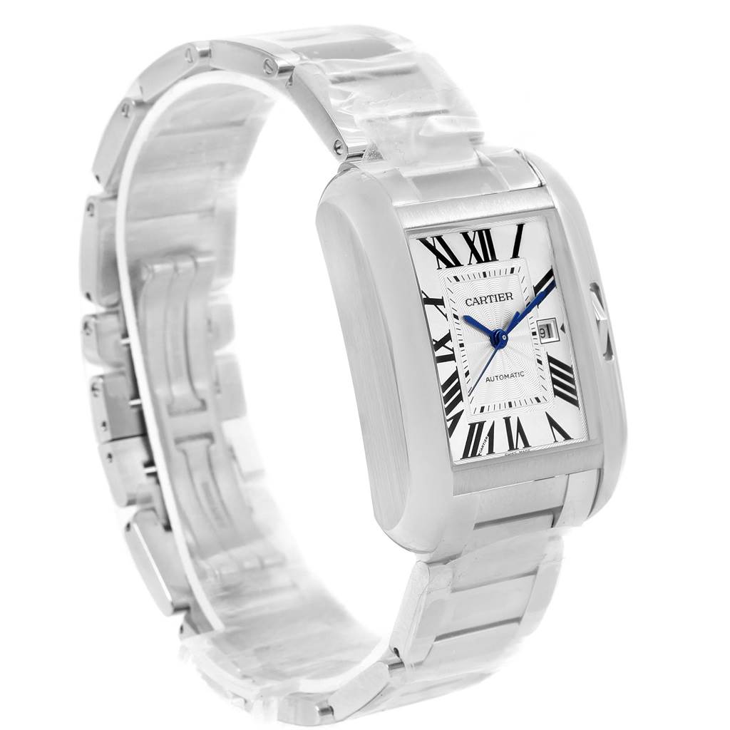 This image shows a front and side view of the Cartier Tank Anglaise W5310009 Men's Stainless Steel Silver Dial W5310009 Men's Stainless Steel Silver Dial watch, focusing on the face, bracelet, and case.