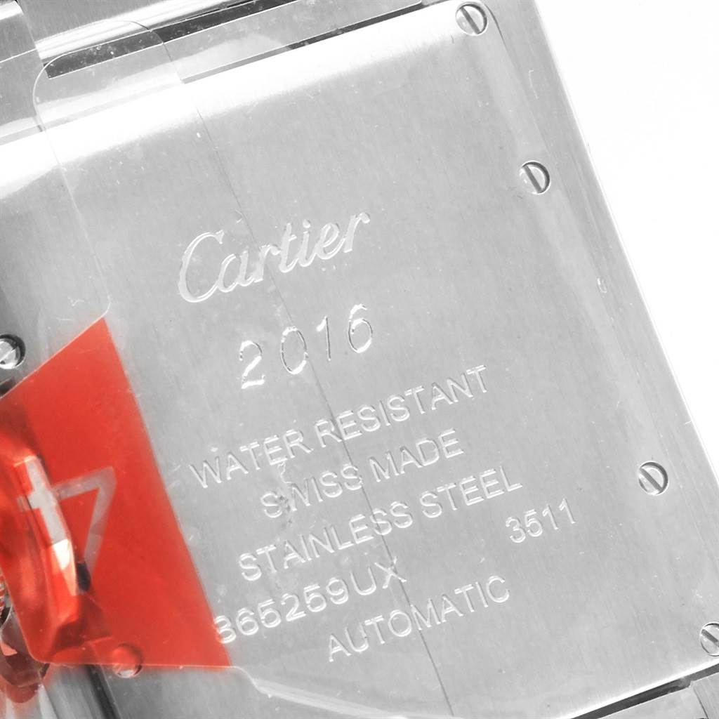 The image shows the engraved stainless steel case back of a Cartier Tank Anglaise W5310009 Men's Stainless Steel Silver Dial W5310009 Men's Stainless Steel Silver Dial watch.