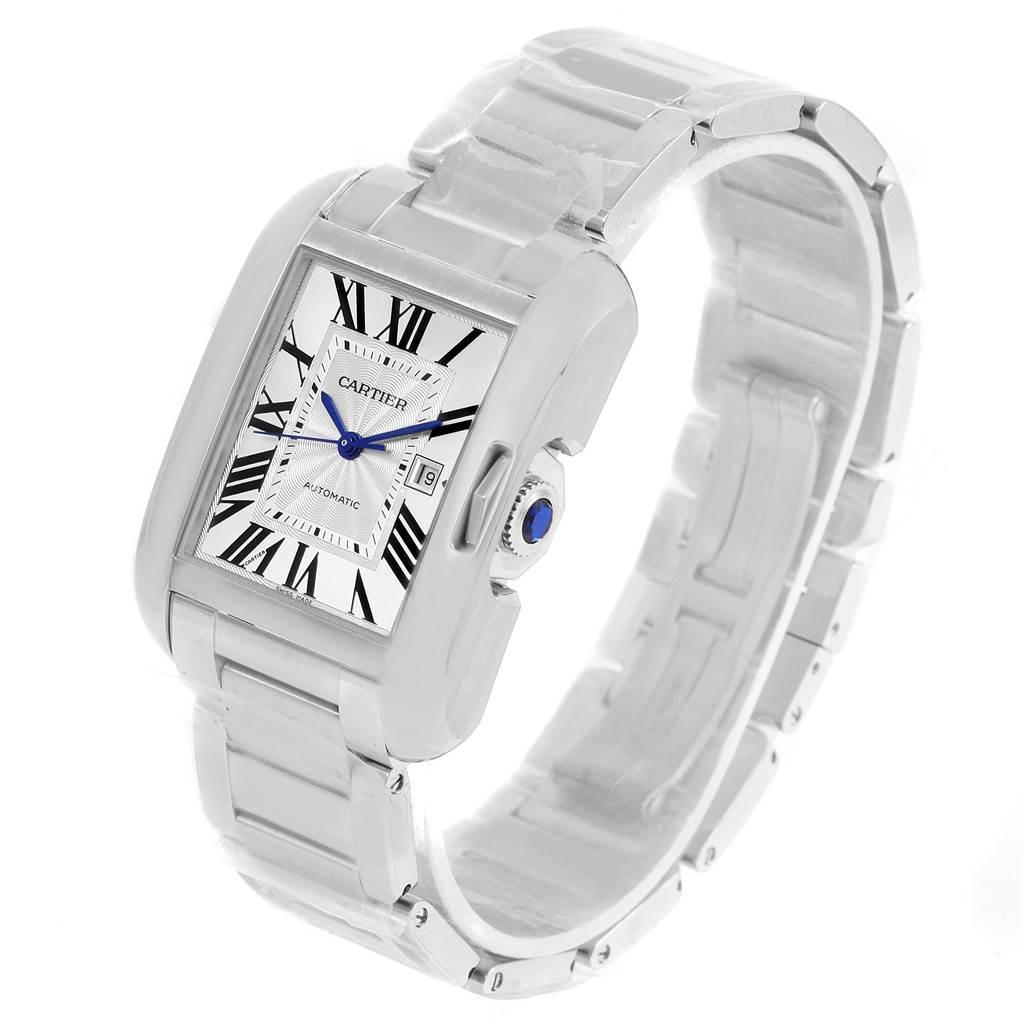 The Tank Anglaise model by Cartier is shown at a slight angle, highlighting the watch face, Roman numerals, blue hands, crown, and bracelet.
