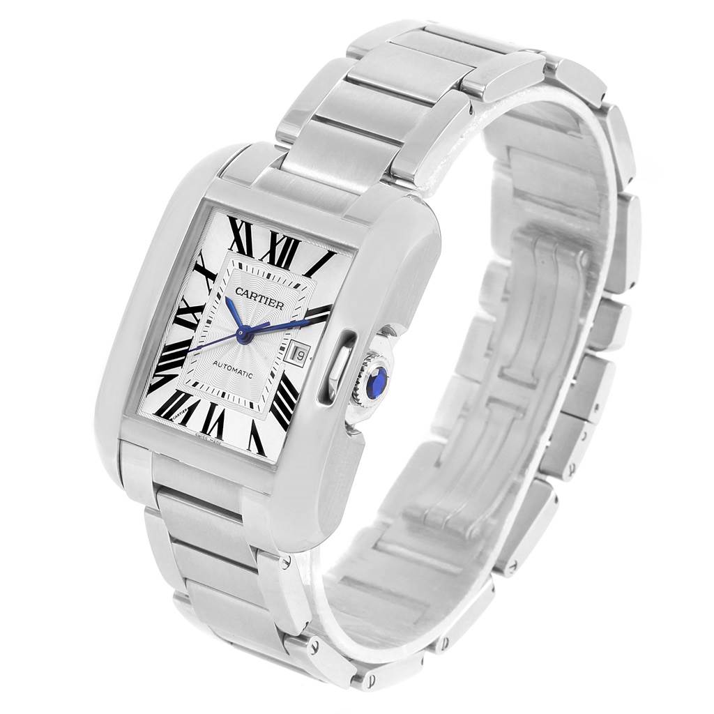 The Cartier Tank Anglaise W5310009 Men's Stainless Steel Silver Dial W5310009 Men's Stainless Steel Silver Dial watch is shown at an angle displaying its face, Roman numerals, date window, and metal bracelet.