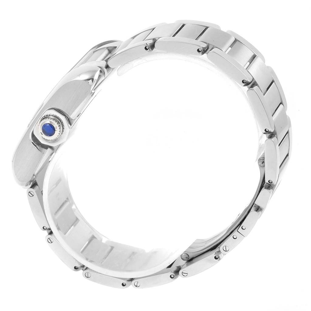 The image shows a side angle of a Cartier Tank Anglaise W5310009 Men's Stainless Steel Silver Dial W5310009 Men's Stainless Steel Silver Dial watch, highlighting the crown and bracelet links.