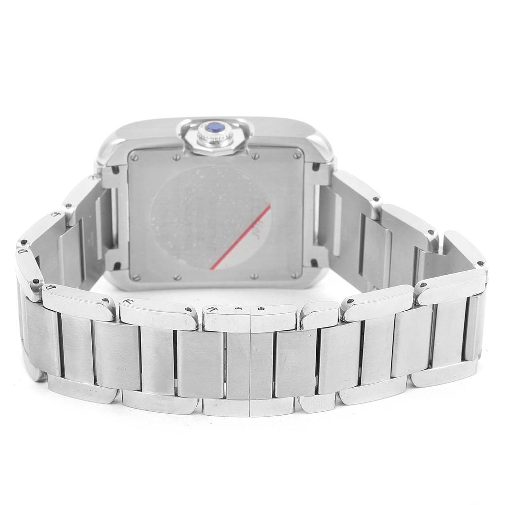 The image shows the back view of the Cartier Tank Anglaise W5310009 Men's Stainless Steel Silver Dial W5310009 Men's Stainless Steel Silver Dial watch, highlighting the case back and metal bracelet.