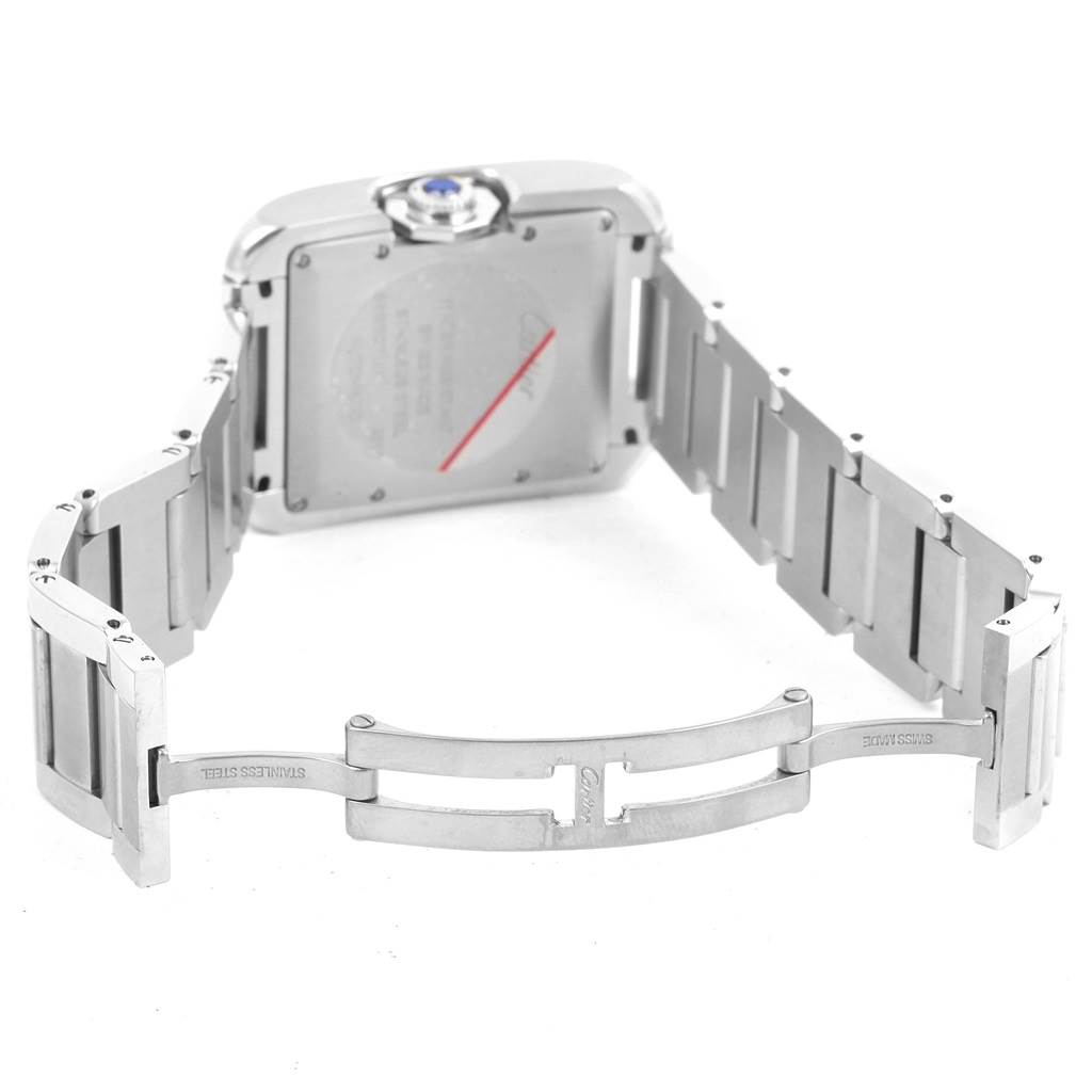 The image shows the back view of a Cartier Tank Anglaise W5310009 Men's Stainless Steel Silver Dial W5310009 Men's Stainless Steel Silver Dial watch, highlighting the watch case and partially opened stainless steel bracelet.