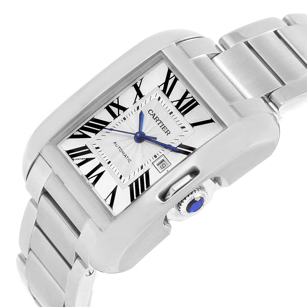 The image shows a close-up side angle of the Cartier Tank Anglaise W5310009 Men's Stainless Steel Silver Dial W5310009 Men's Stainless Steel Silver Dial watch, highlighting its face, crown, and bracelet.
